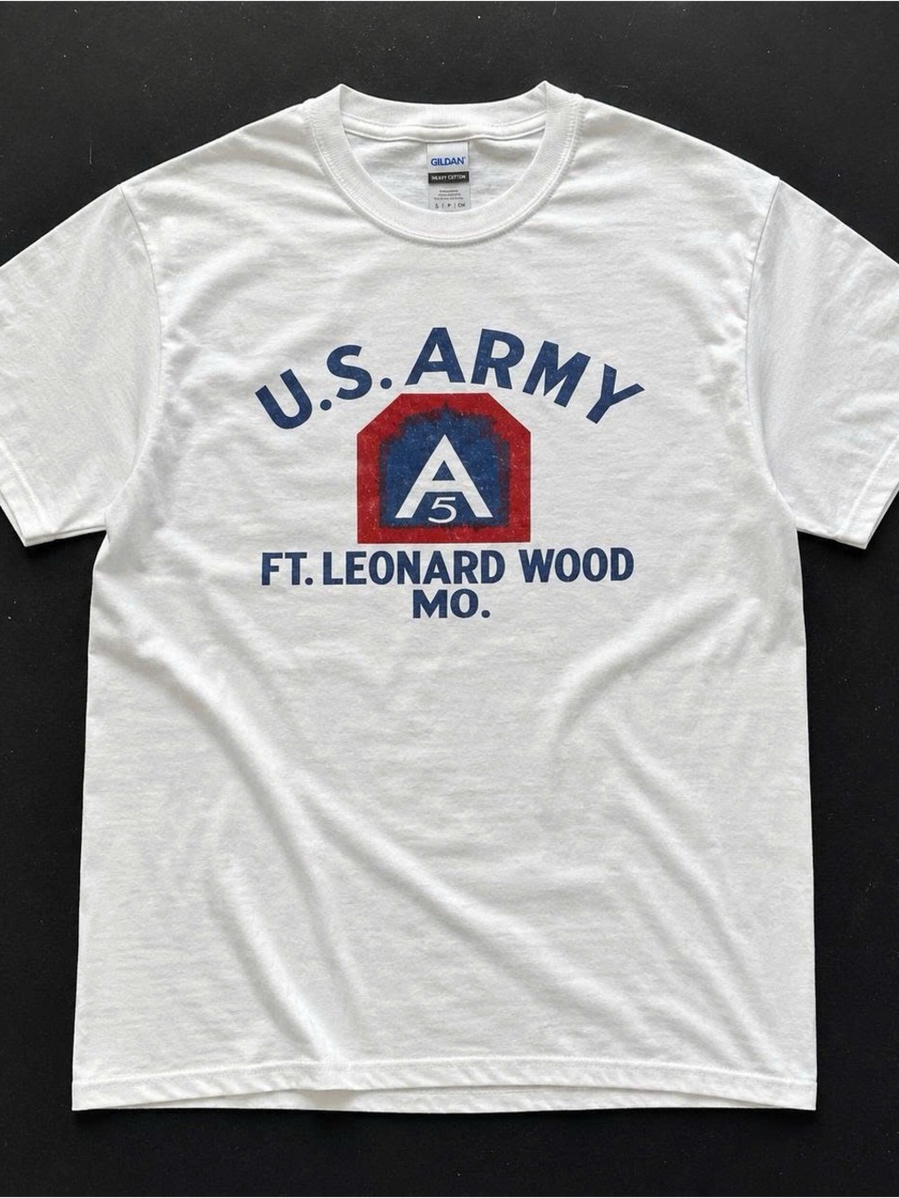 Gildan White U.S. Army Ft. Leonard Wood Graphic Tee with Red & Blue Emblem